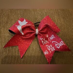 Custom Red Glitter DISNEY Hair Cheer Bow with Silver Fairy (Tinkerbell) Design.